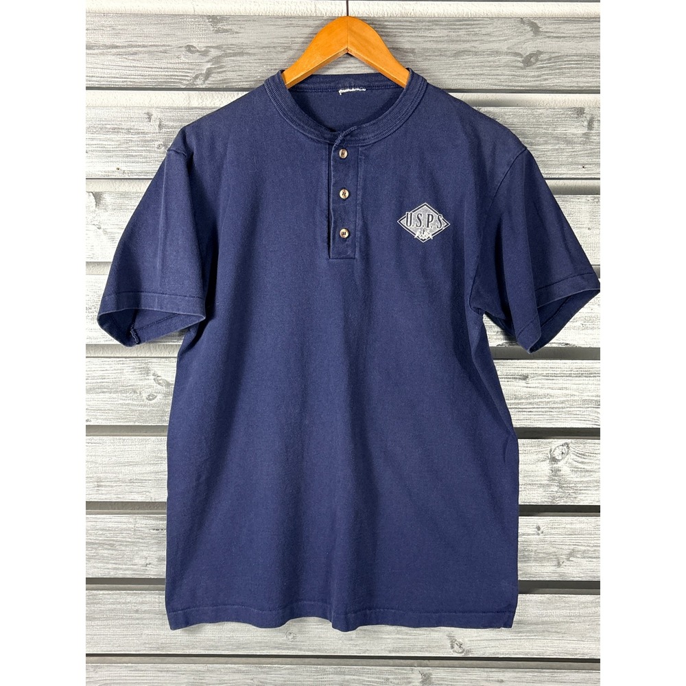 Vtg 90s USPS Henley Shirt Blue Official Post Office Mens M faded single stitch